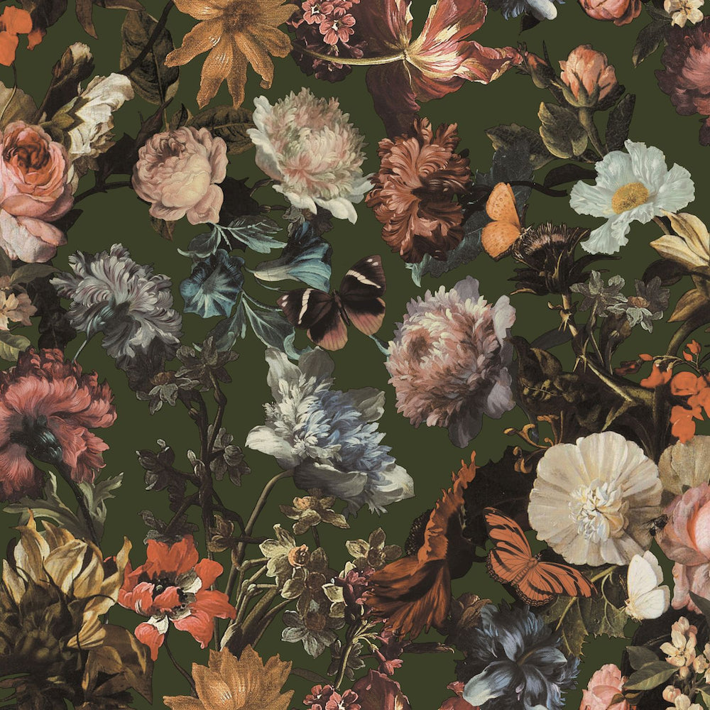 Vintage Flowers - Fancy Garden botanical wallpaper Esta Roll Dark Green  139170