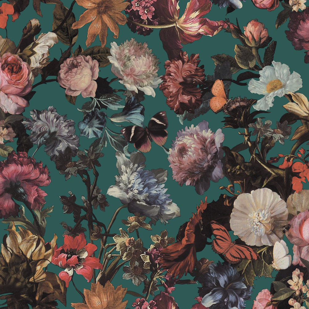 Vintage Flowers - Fancy Garden botanical wallpaper Esta Roll Teal  139171