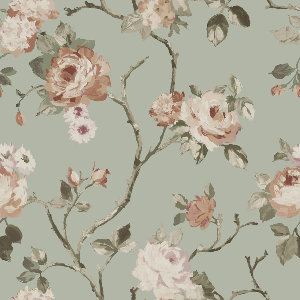 Vintage Flowers - Magic Rose botanical wallpaper Esta Roll Green  139291
