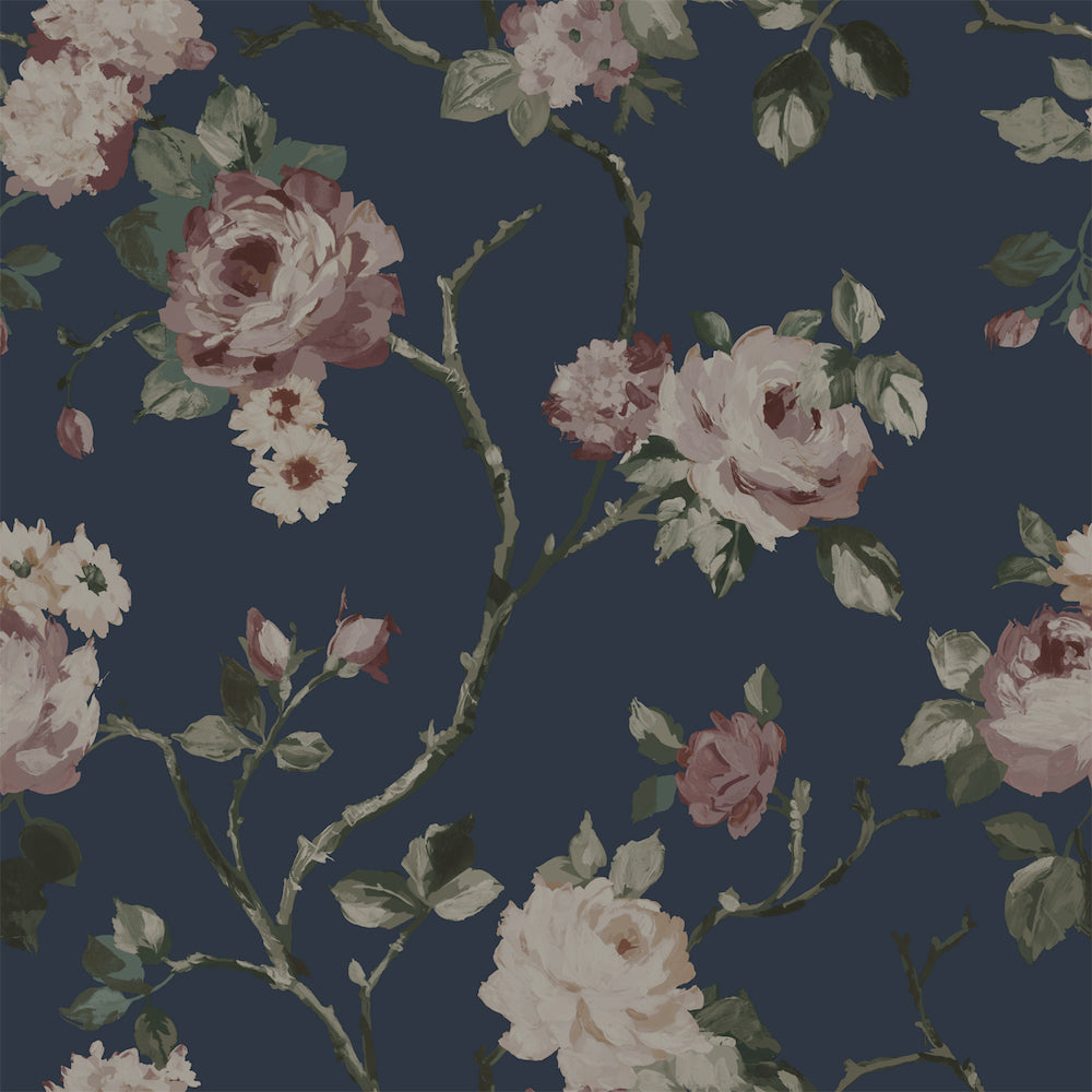Vintage Flowers - Magic Rose botanical wallpaper Esta Roll Blue  139409