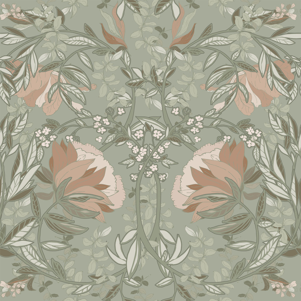 Vintage Flowers - Art Nouveau Flowers botanical wallpaper Esta Roll Light Green  139419