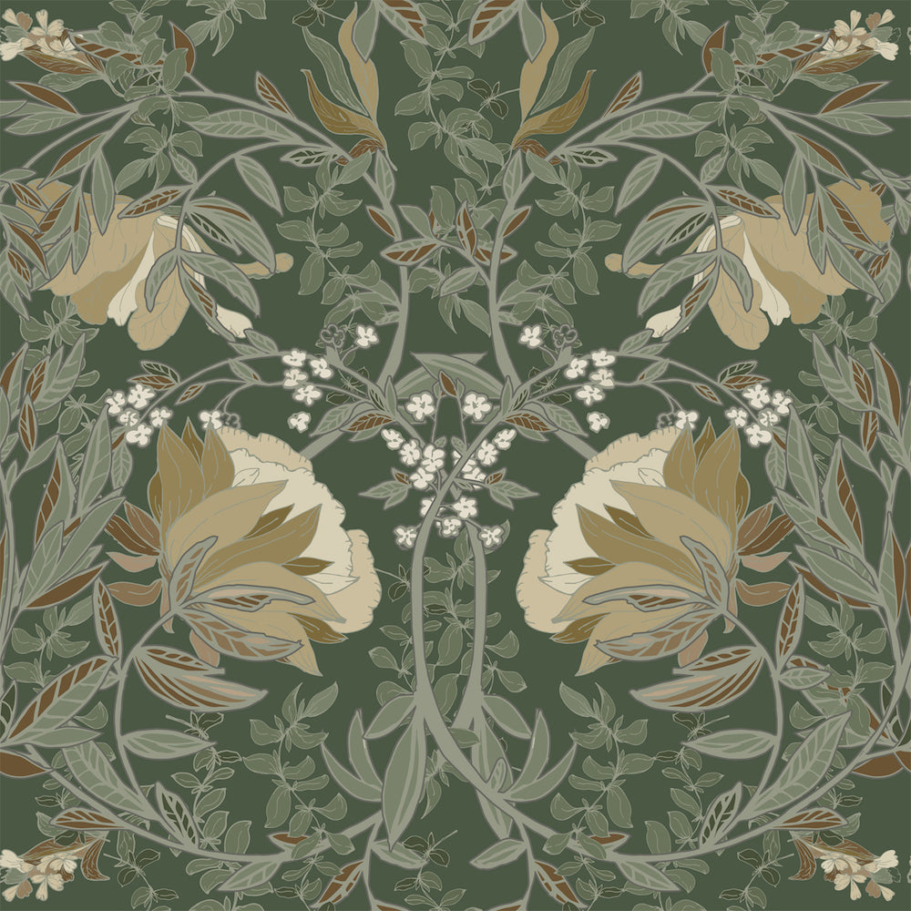 Vintage Flowers - Art Nouveau Flowers botanical wallpaper Esta Roll Dark Green  139420