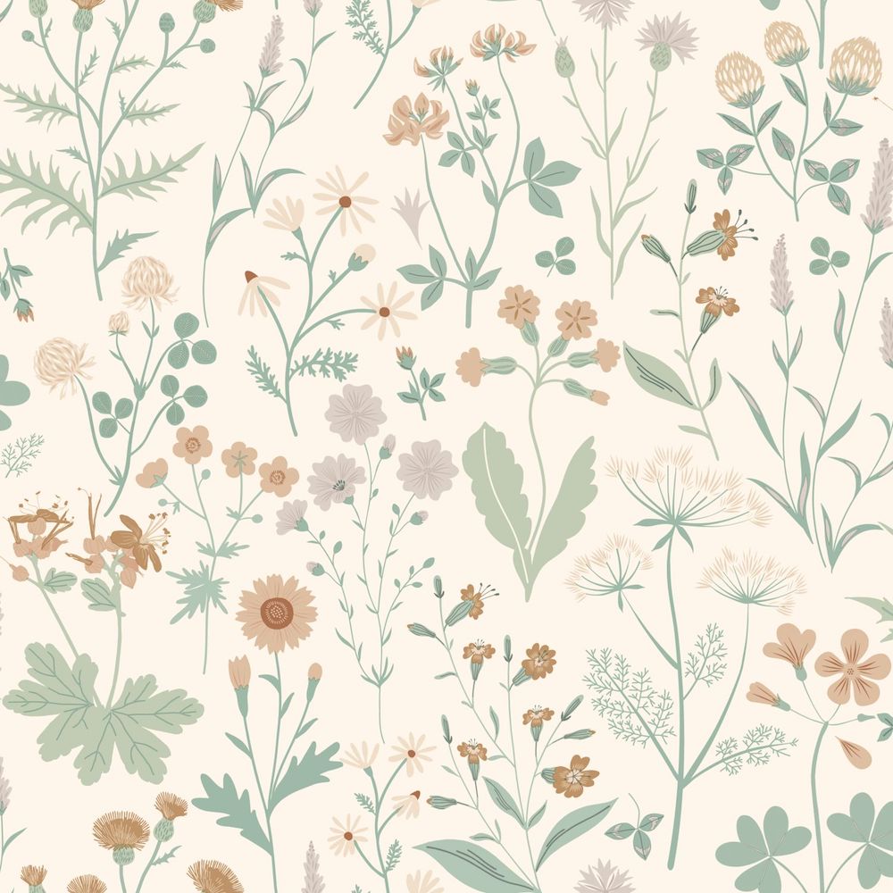 Vintage Flowers - Wild Flowers botanical wallpaper Esta Roll Light Green  139481