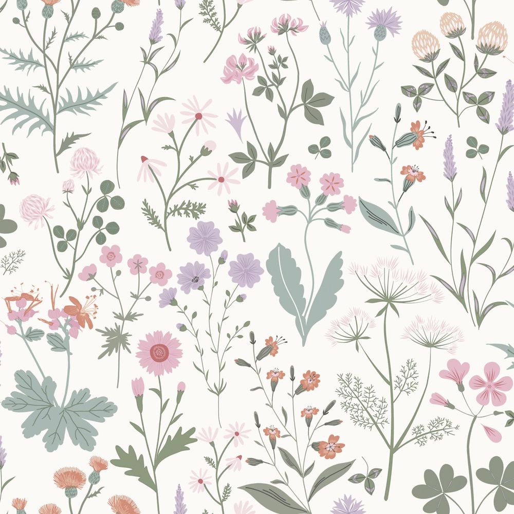 Vintage Flowers - Wild Flowers botanical wallpaper Esta Sample Pink  139482-S