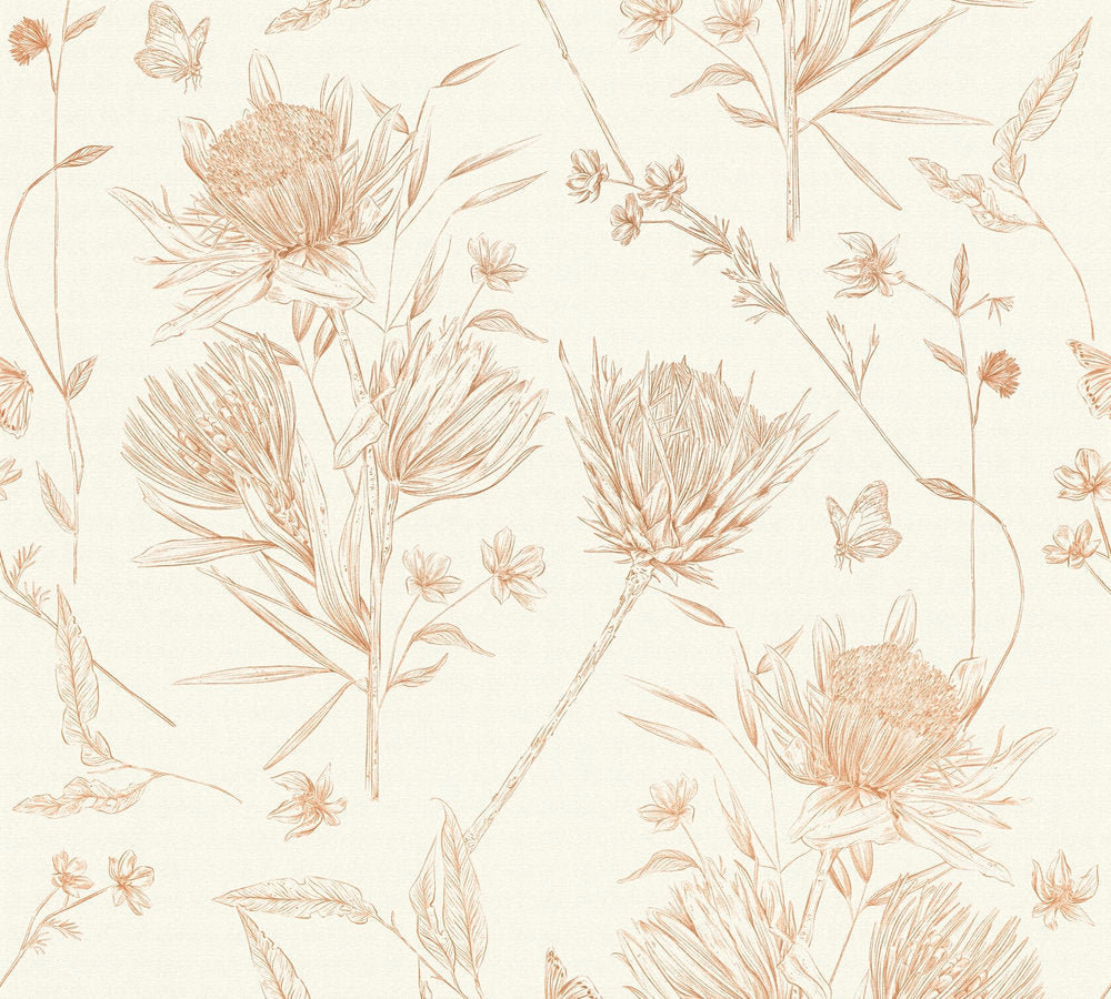 Drawn Into Nature - Protea botanical wallpaper AS Creation Roll Orange  394271