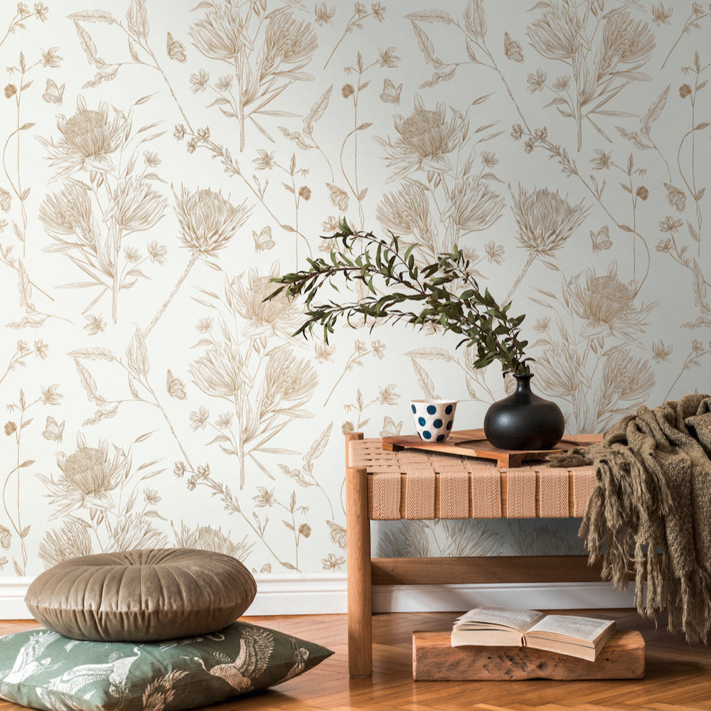 Drawn Into Nature - Protea botanical wallpaper AS Creation    