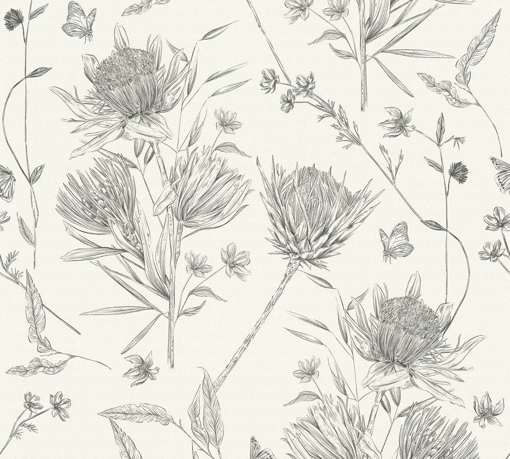 Drawn Into Nature - Protea botanical wallpaper AS Creation Roll Black  394272