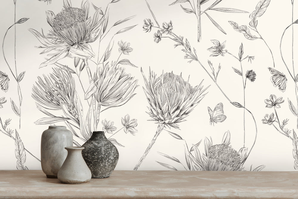 Drawn Into Nature - Protea botanical wallpaper AS Creation    