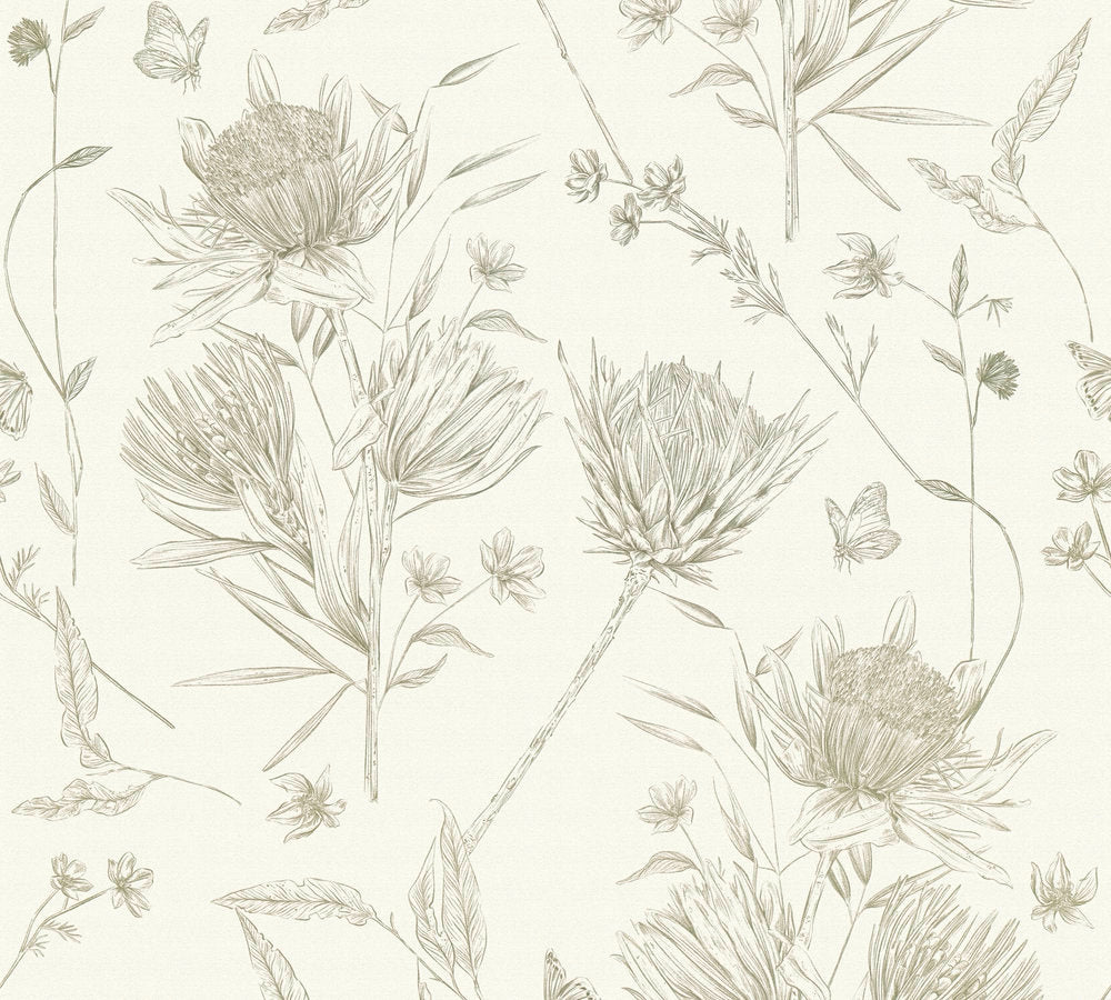 Drawn Into Nature - Protea botanical wallpaper AS Creation Roll Light Green  394273