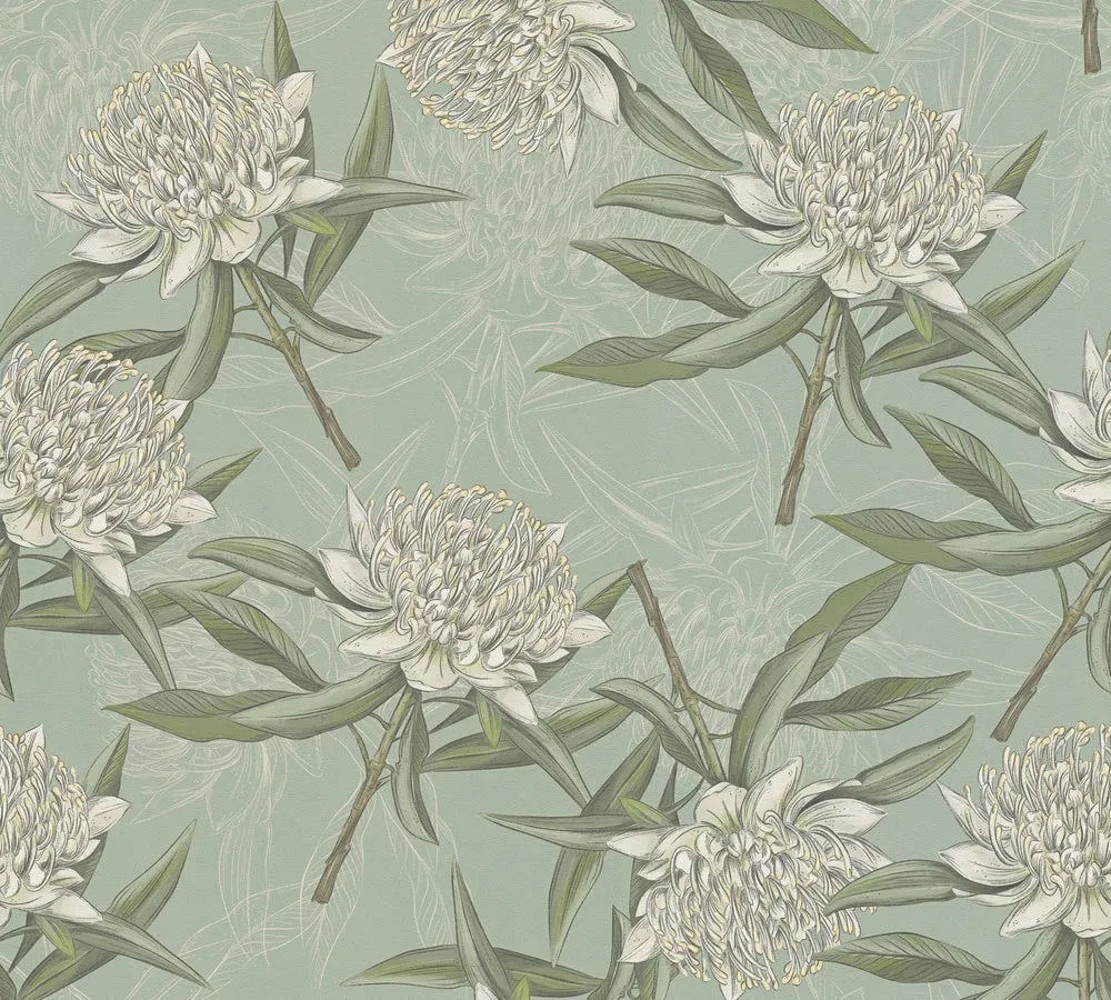 Drawn Into Nature - Full Bloom botanical wallpaper AS Creation Roll Green 394322