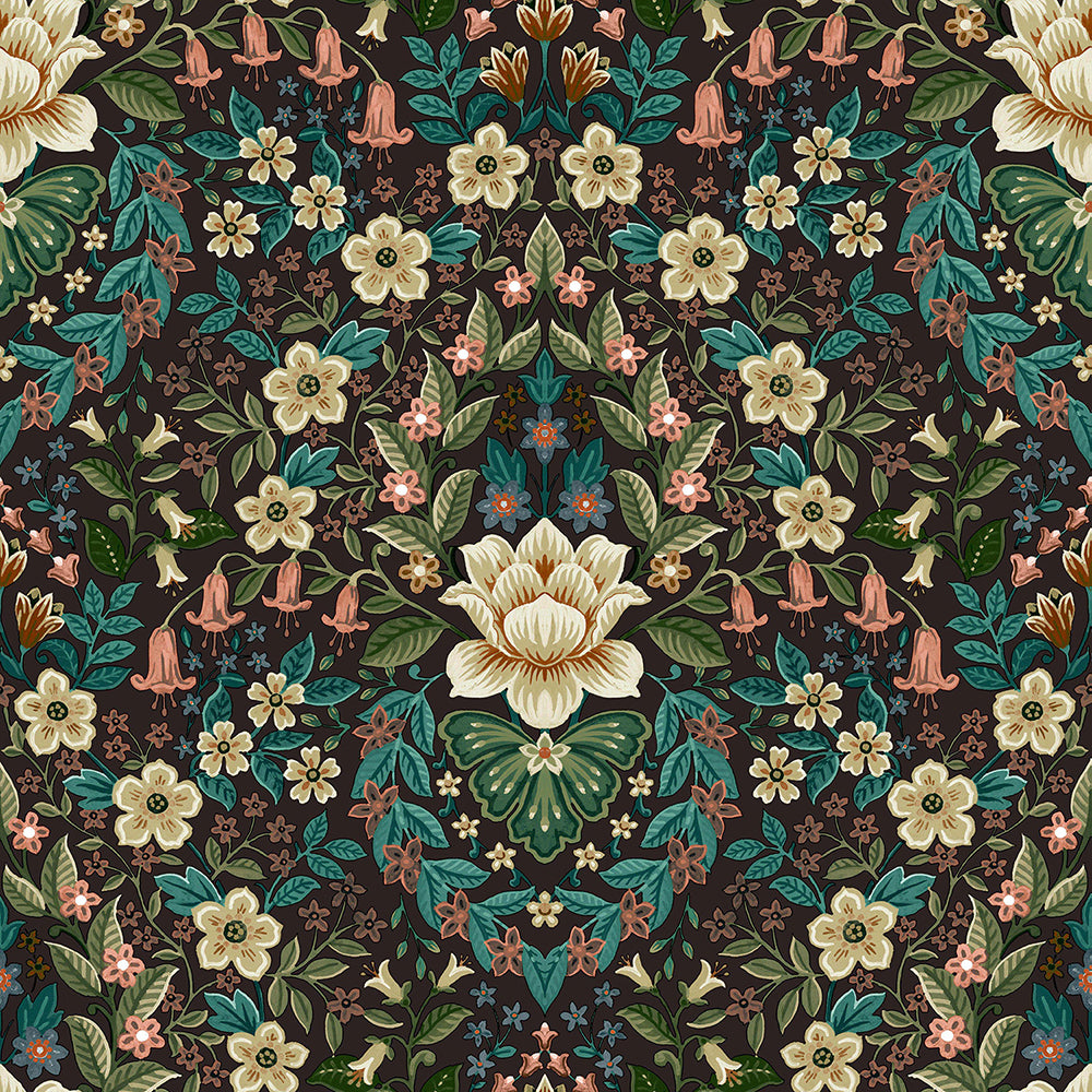 Flora - Flower Ornament botanical wallpaper Parato Roll Black  18519
