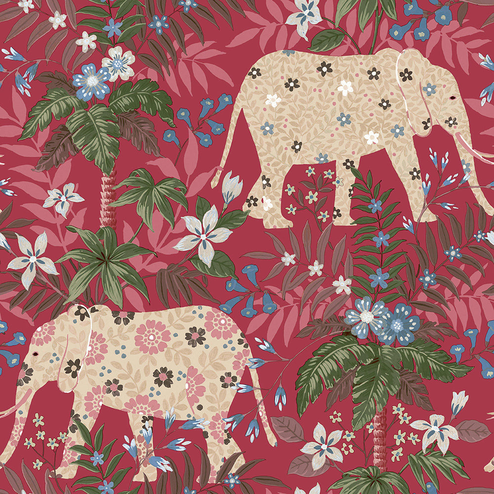 Flora - Elephants botanical wallpaper Parato Roll Red  18548