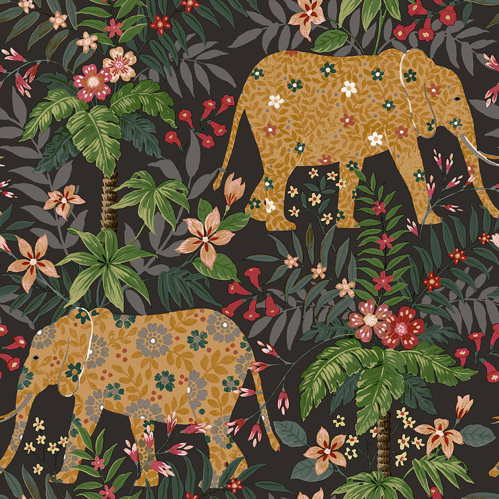 Flora - Elephants botanical wallpaper Parato Roll Black  18549