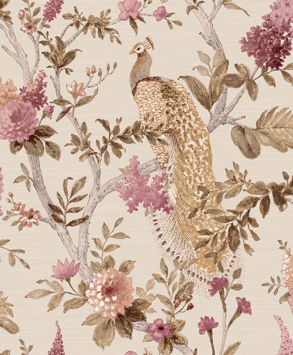 Vintage - Peacock botanical wallpaper Parato Roll Pink  25754