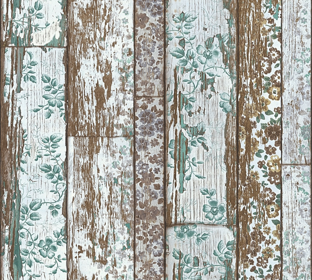 Bude 2.0 - Floral Rustic Timber industrial wallpaper AS Creation Roll Green  361193