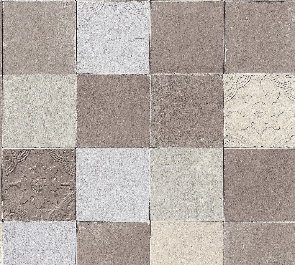 New Walls - Mediterranean Tiles industrial wallpaper AS Creation Roll Taupe  374063