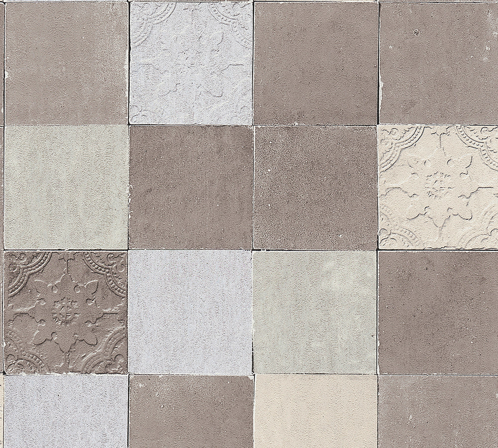 New Walls - Mediterranean Tiles industrial wallpaper AS Creation Roll Taupe  374063
