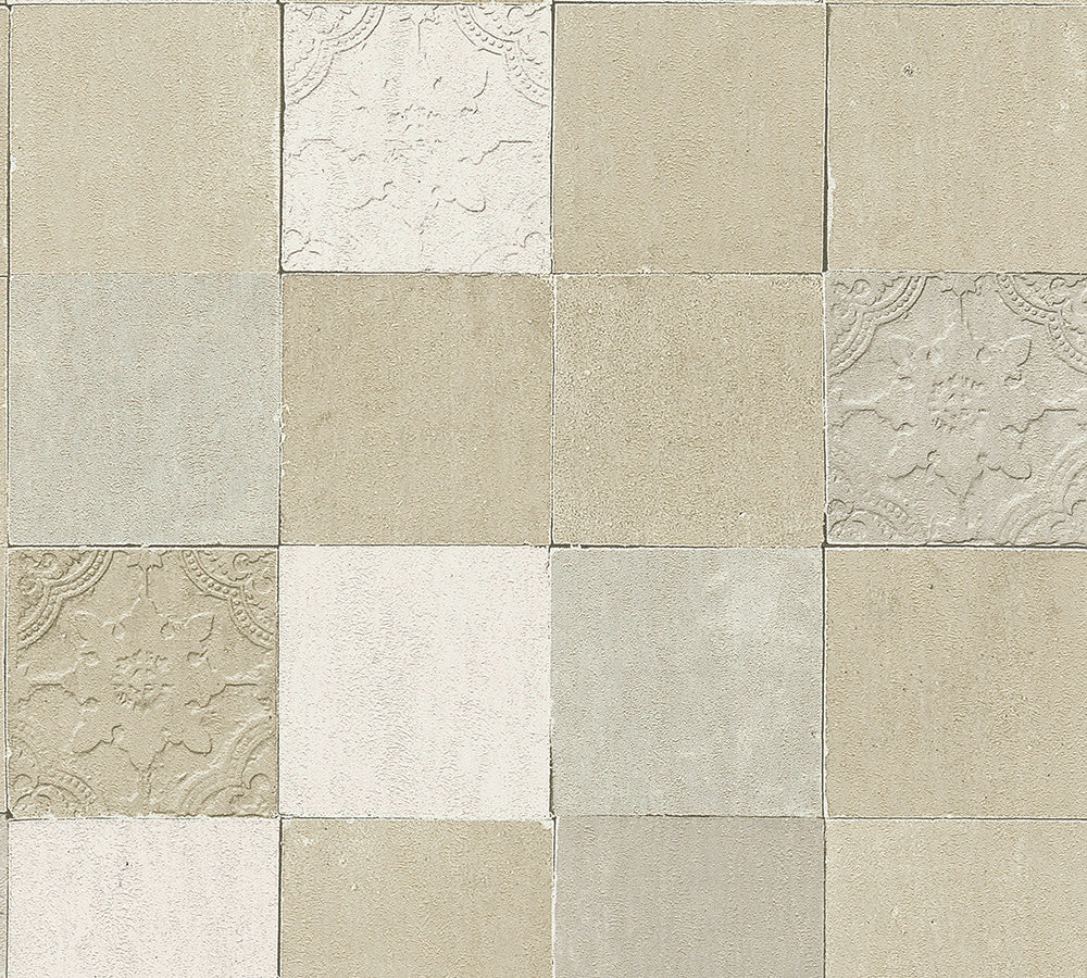New Walls - Mediterranean Tiles industrial wallpaper AS Creation Roll Beige  374064