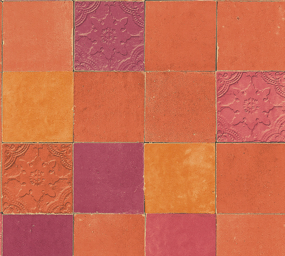 New Walls - Mediterranean Tiles industrial wallpaper AS Creation Roll Orange  374065
