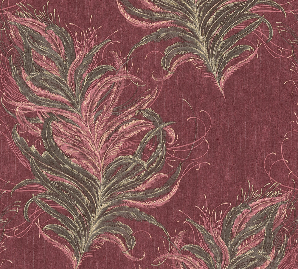 Mata Hari -Light  Feathers damask wallpaper AS Creation Sample Dark Red  380093-S