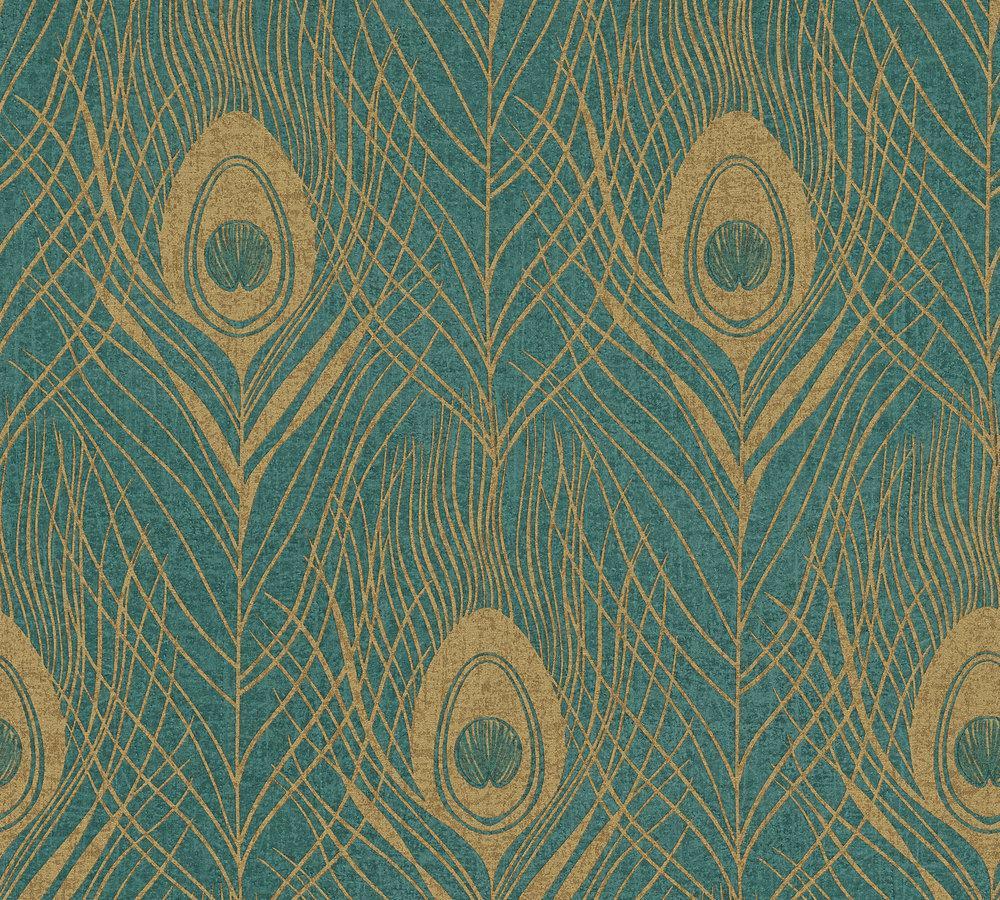 Absolutely Chic - Peacock Feather botanical wallpaper AS Creation Sample Green  369714-S
