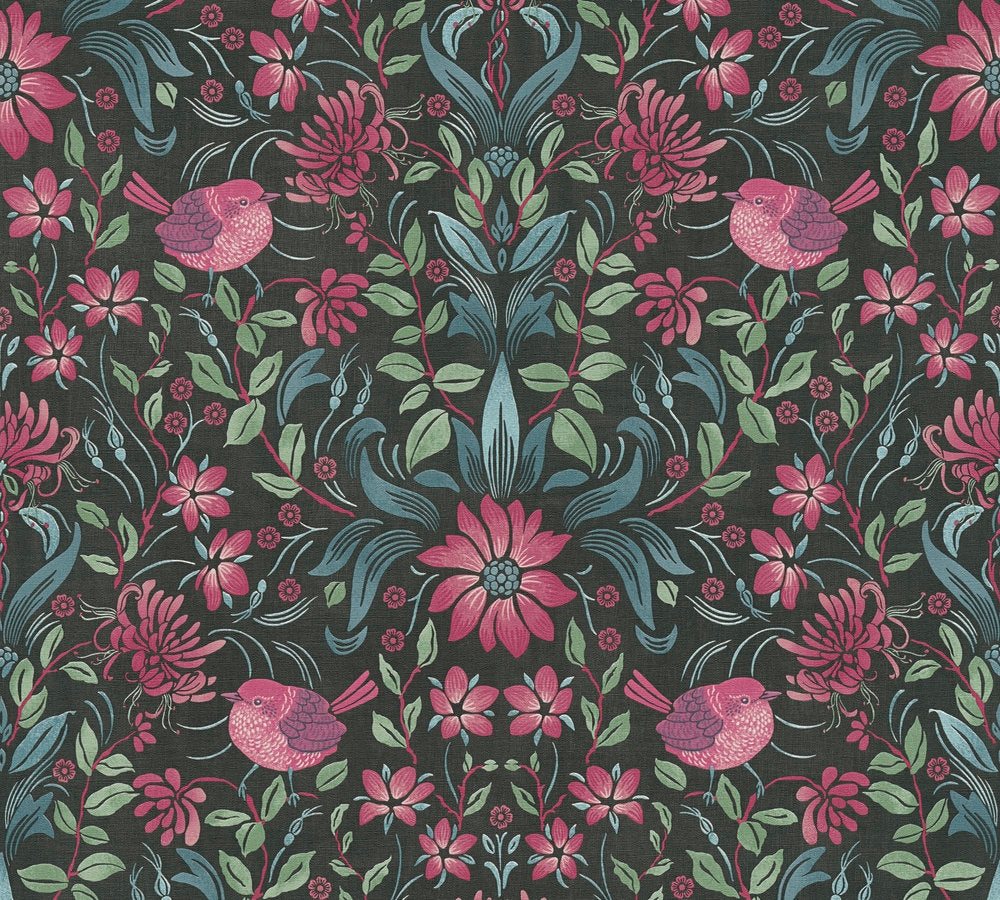 Maison Charme - Floral with Birds botanical wallpaper AS Creation Roll Black  390751