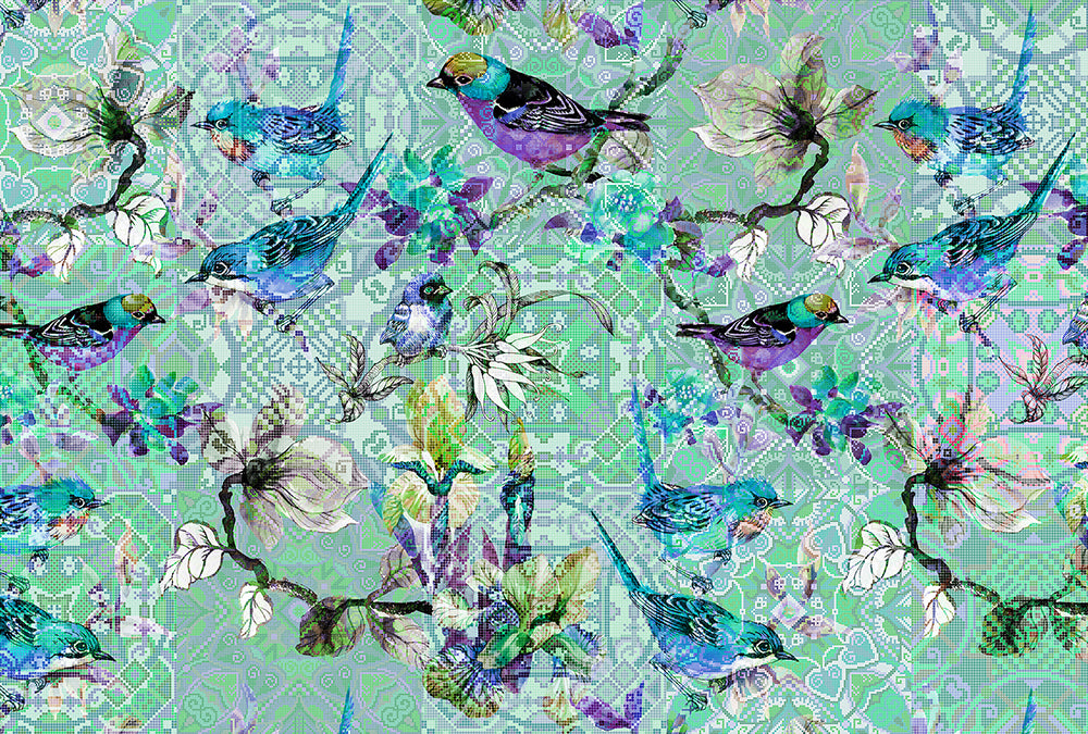 Walls By Patel - Mosaic Birds digital print AS Creation Teal   110256