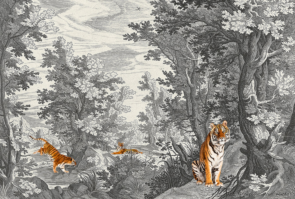 Walls by Patel 3 - Fancy Forest with Tigers digital print AS Creation Grey   DD121880