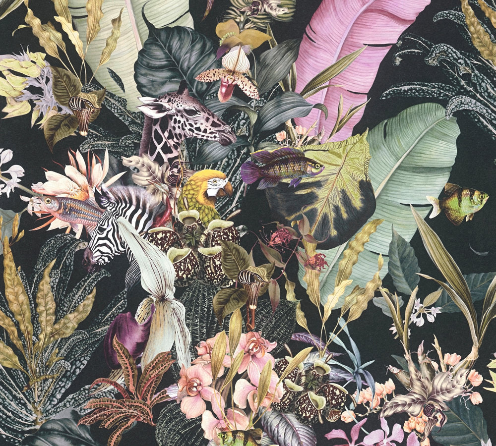 Dream Flowery - Tropical Animals botanical wallpaper AS Creation Roll Black  381761