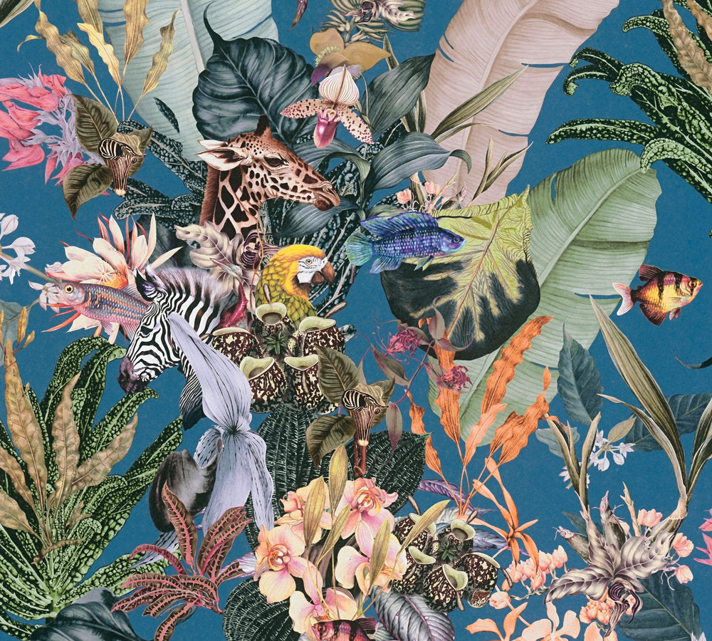 Dream Flowery - Tropical Animals botanical wallpaper AS Creation Roll Blue  381764
