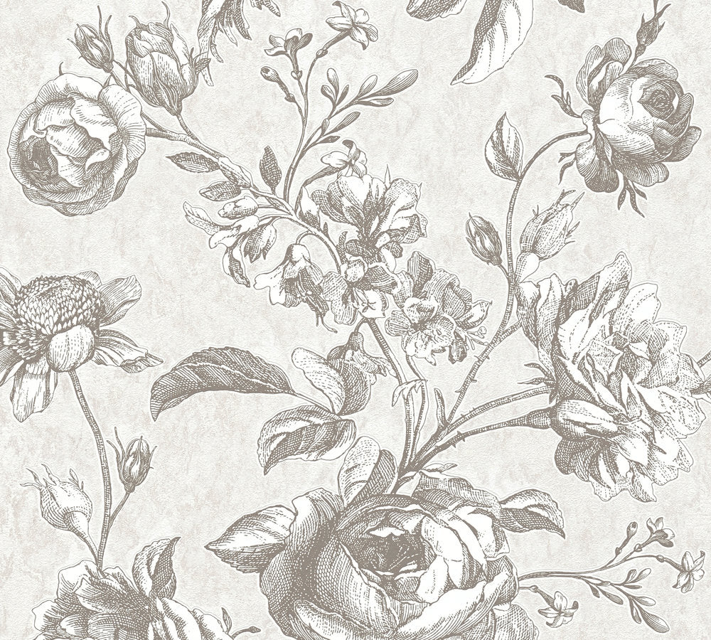 My Home My Spa - Vintage Roses botanical wallpaper AS Creation Roll Light Grey  387001